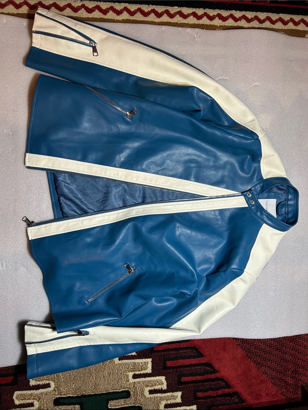 Fashion Nova Blue and White Leather Varsity Bomber Jacket 1XL